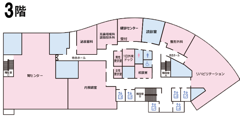 3階　各科外来・入院支援センター・腎センター・内視鏡室・リハビリ・健診センター